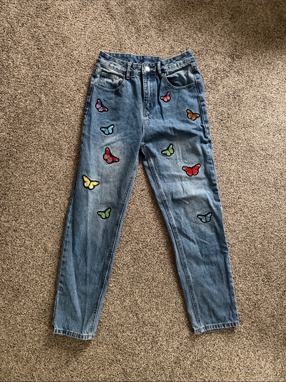SHEIN Blue High-Rise Jeans with Multicolor Butterfly Patches